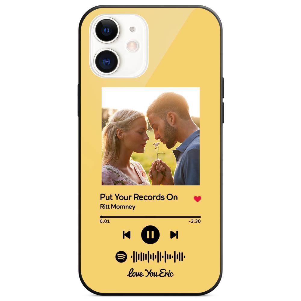 Custom Spotify Code Music iPhone Case with Text Scannable Engraved Custom Music Song Tempered Glass  - Yellow - 
