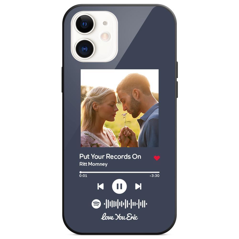 Custom Spotify Code Music iPhone Case with Text Scannable Engraved Custom Music Song Tempered Glass  - Dark Blue - 