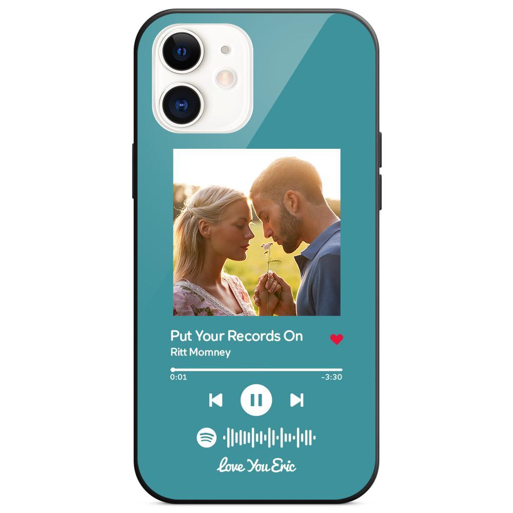 Custom Spotify Code Music iPhone Case with Text Scannable Engraved Custom Music Song Tempered Glass  - Light Blue - 