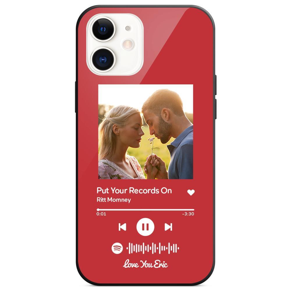 Custom Spotify Code Music iPhone Case with Text Scannable Engraved Custom Music Song Tempered Glass  - Red - 