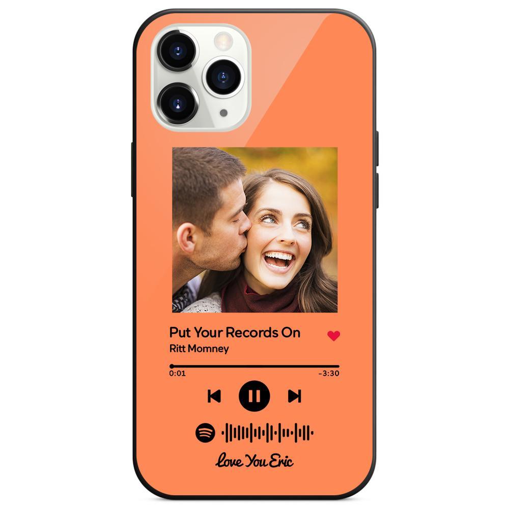 Custom Spotify Code Music iPhone Case with Text Scannable Engraved Custom Music Song Tempered Glass  - Orange - 