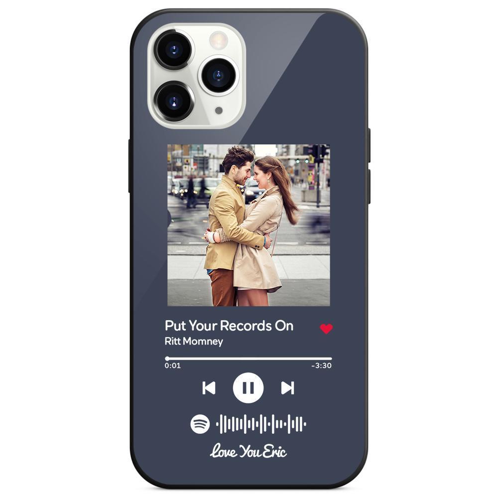 Custom Spotify Code Music iPhone Case with Text Scannable Engraved Custom Music Song Tempered Glass  - Dark Blue - 