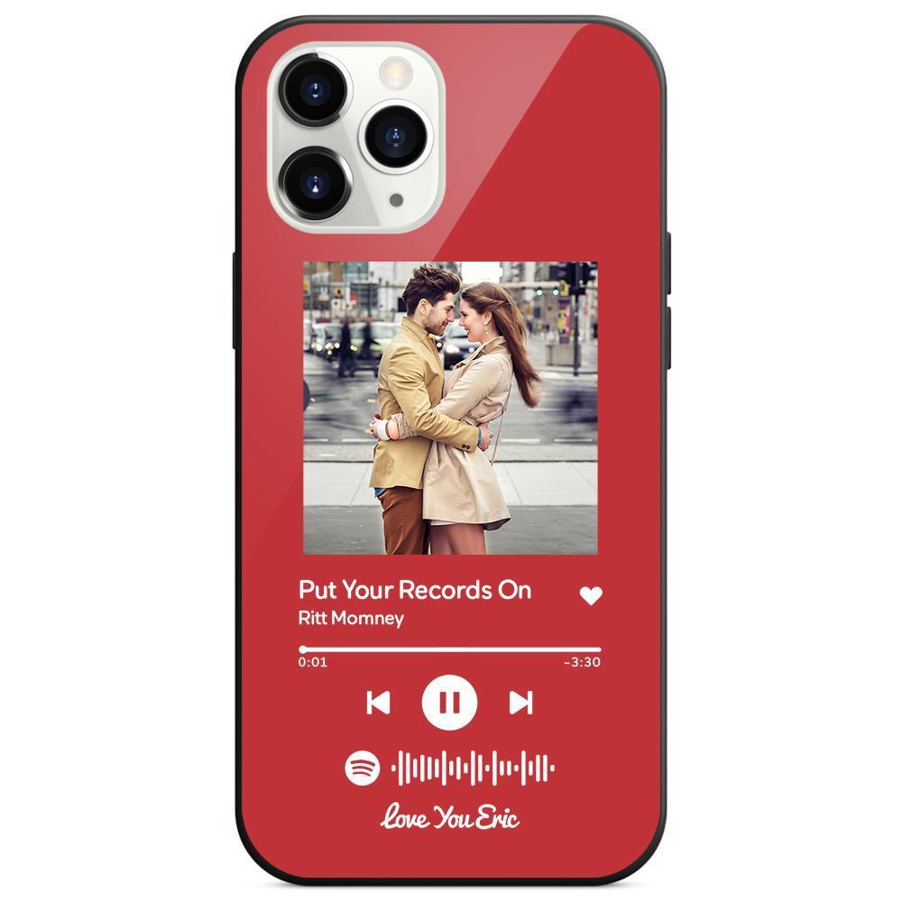 Custom Spotify Code Music iPhone Case with Text Scannable Engraved Custom Music Song Tempered Glass  - Red - 