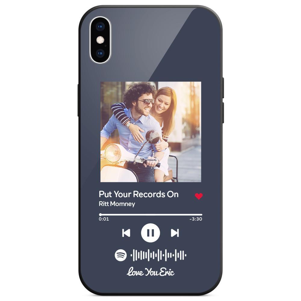 Custom Spotify Code Music iPhone Case with Text Scannable Engraved Custom Music Song Tempered Glass  - Dark Blue - 