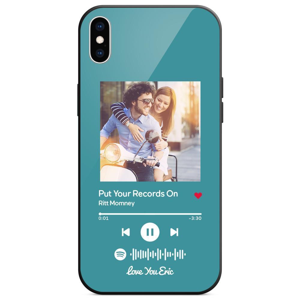 Custom Spotify Code Music iPhone Case with Text Scannable Engraved Custom Music Song Tempered Glass  - Light Blue - 