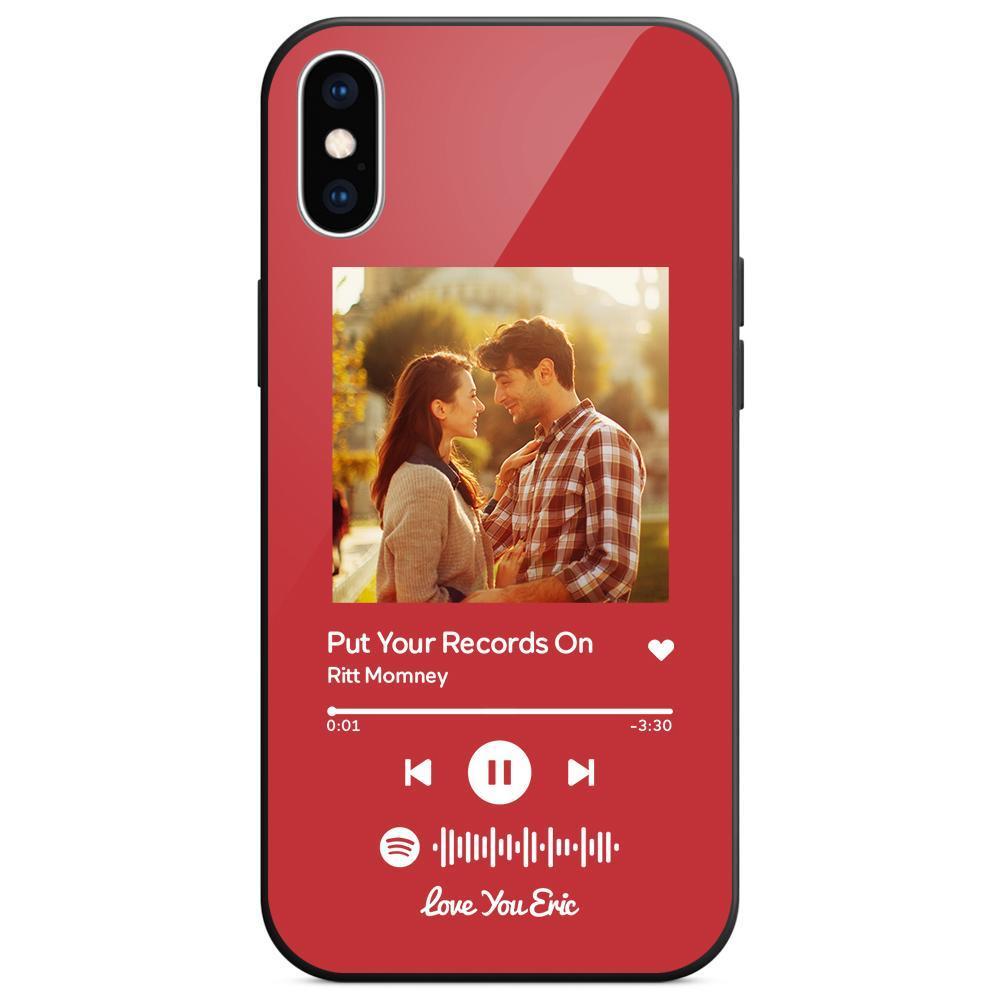 Custom Spotify Code Music iPhone Case with Text Scannable Engraved Custom Music Song Tempered Glass - Red -
