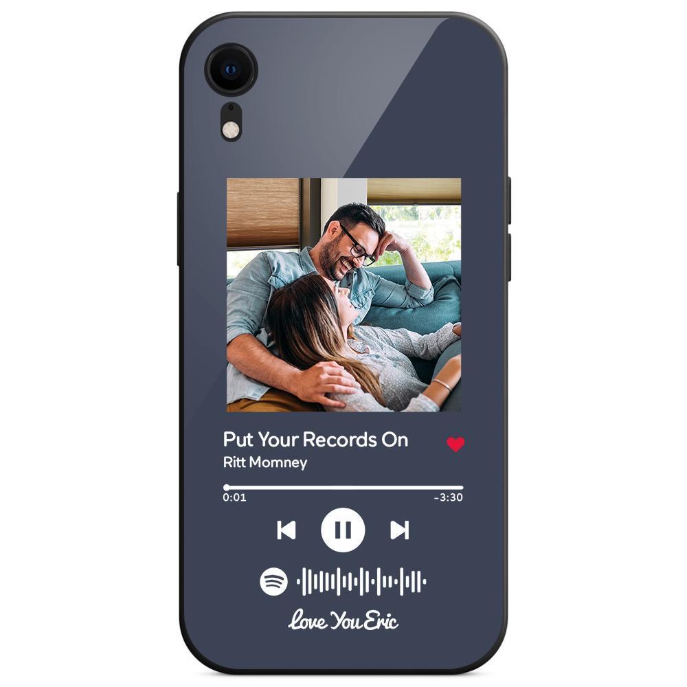 Custom Spotify Code Music iPhone Case with Text Scannable Engraved Custom Music Song Tempered Glass  - Dark Blue - 