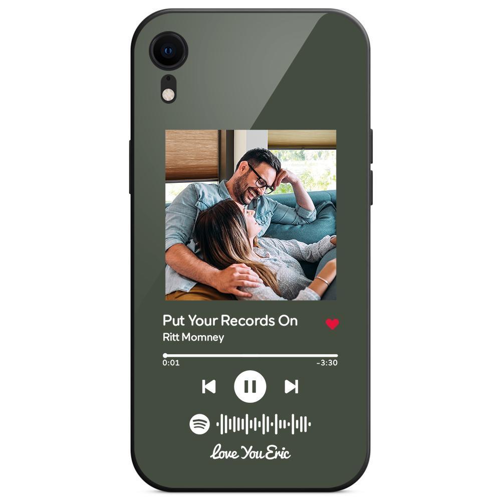 Custom Spotify Code Music iPhone Case with Text Scannable Engraved Custom Music Song Tempered Glass  - Dark Green - 