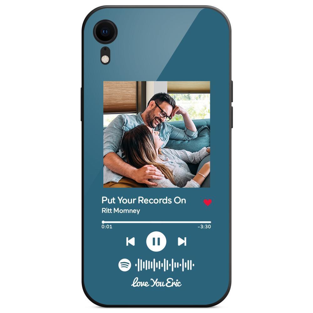 Custom Spotify Code Music iPhone Case with Text Scannable Engraved Custom Music Song Tempered Glass  - Blue - 