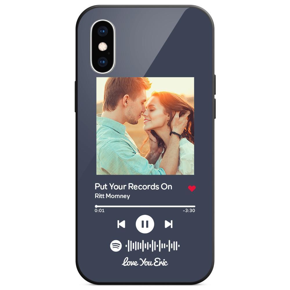 Custom Spotify Code Music iPhone Case with Text Scannable Engraved Custom Music Song Tempered Glass  - Dark Blue - 