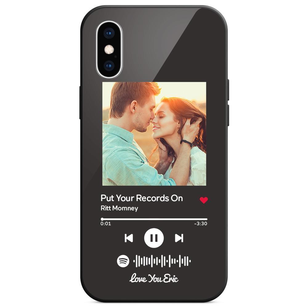 Custom Spotify Code Music iPhone Case with Text Scannable Engraved Custom Music Song Tempered Glass  - Black - 
