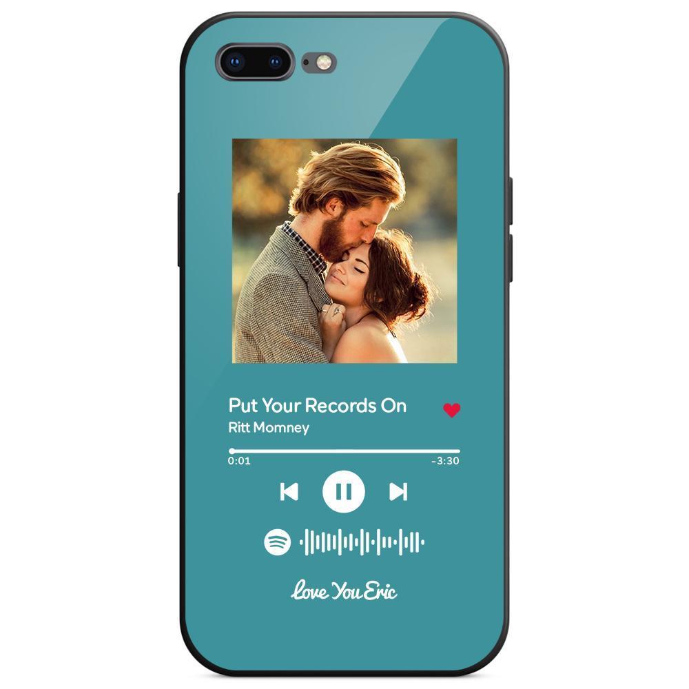 Custom Spotify Code Music iPhone Case with Text Scannable Engraved Custom Music Song Tempered Glass  - Light Blue - 