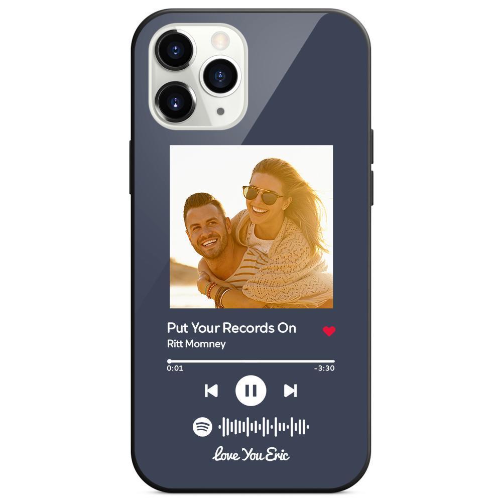 Custom Spotify Code Music iPhone Case with Text Scannable Engraved Custom Music Song Tempered Glass - Dark Blue -