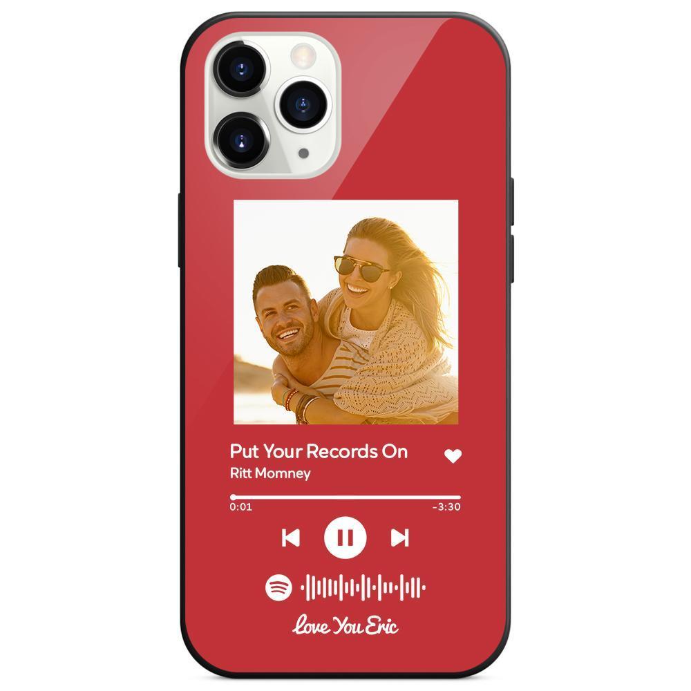 Custom Spotify Code Music iPhone Case with Text Scannable Engraved Custom Music Song Tempered Glass - Red -