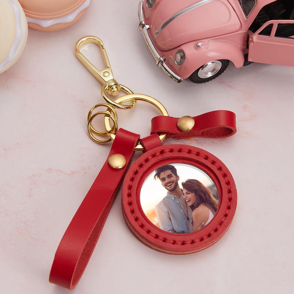 Photo Keychain Colorful Picture Unique Design Couple's Gifts with Red Leather