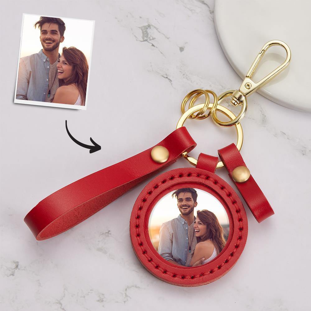 Photo Keychain Colorful Picture Unique Design Couple's Gifts with Red Leather