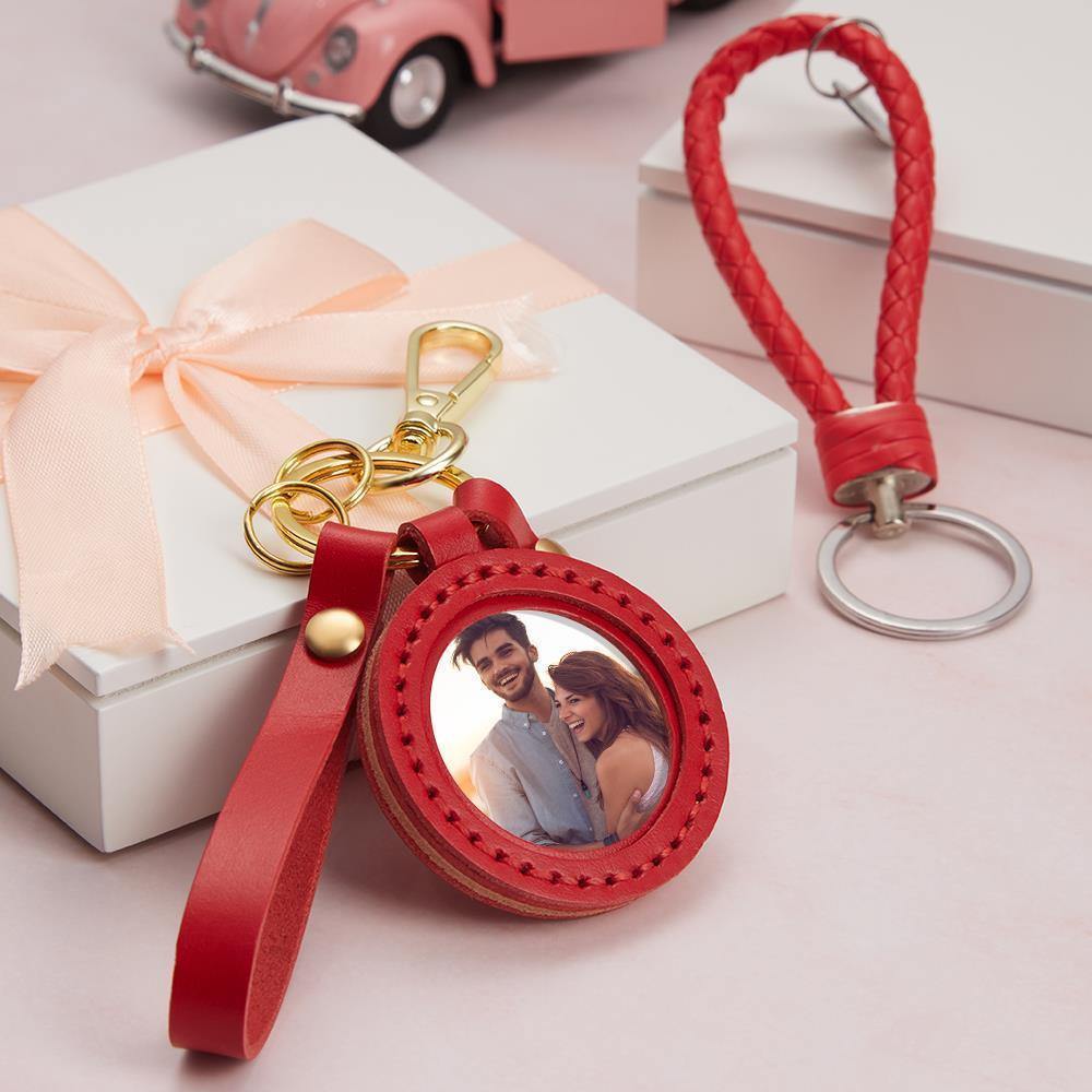 Photo Keychain Colorful Picture Unique Design Couple's Gifts with Red Leather