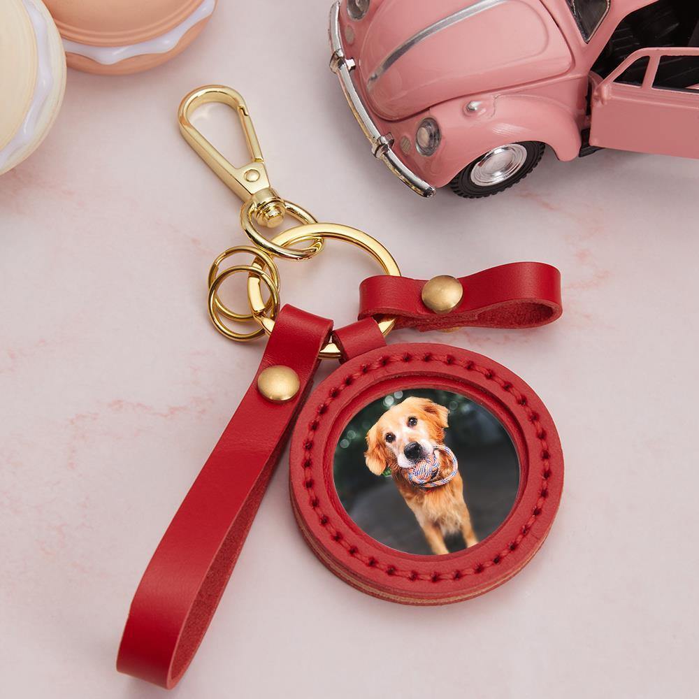 Photo Keychain Colorful Picture Unique Design Memorial Pet with Red Leather