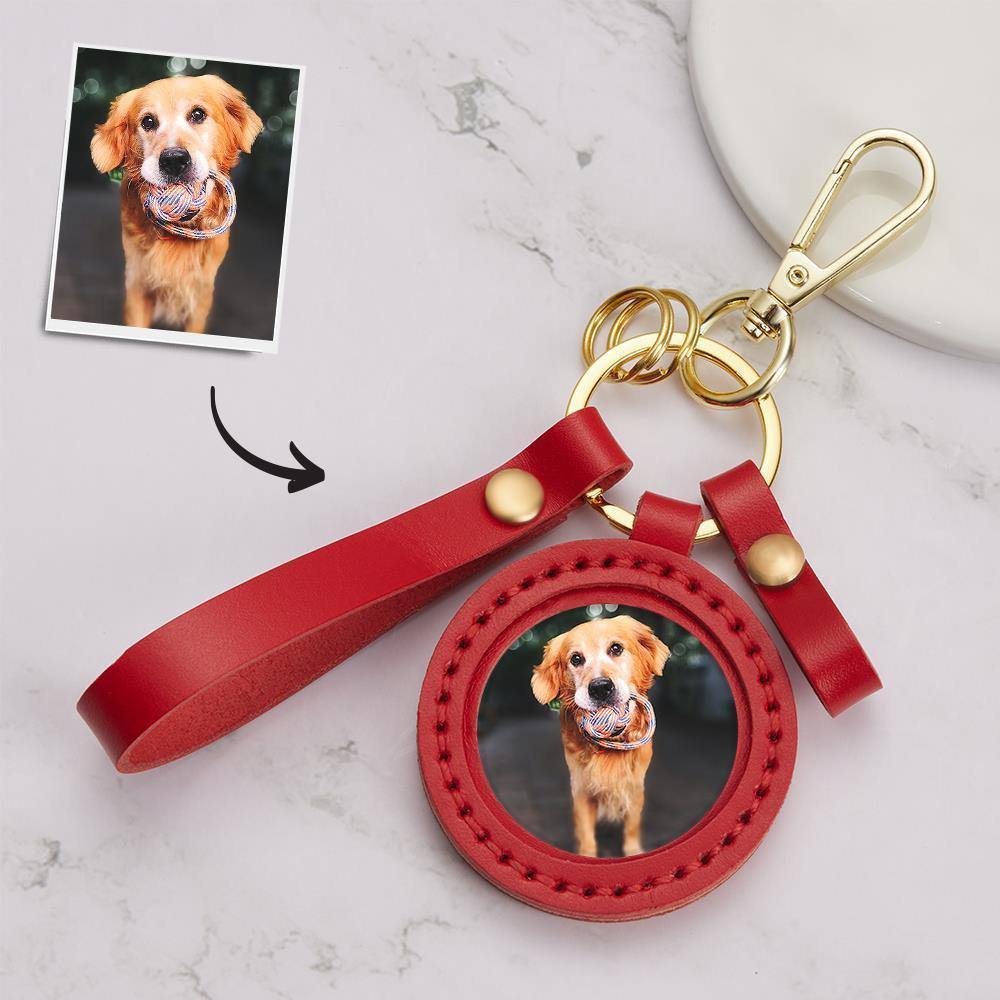Photo Keychain Colorful Picture Unique Design Memorial Pet with Red Leather