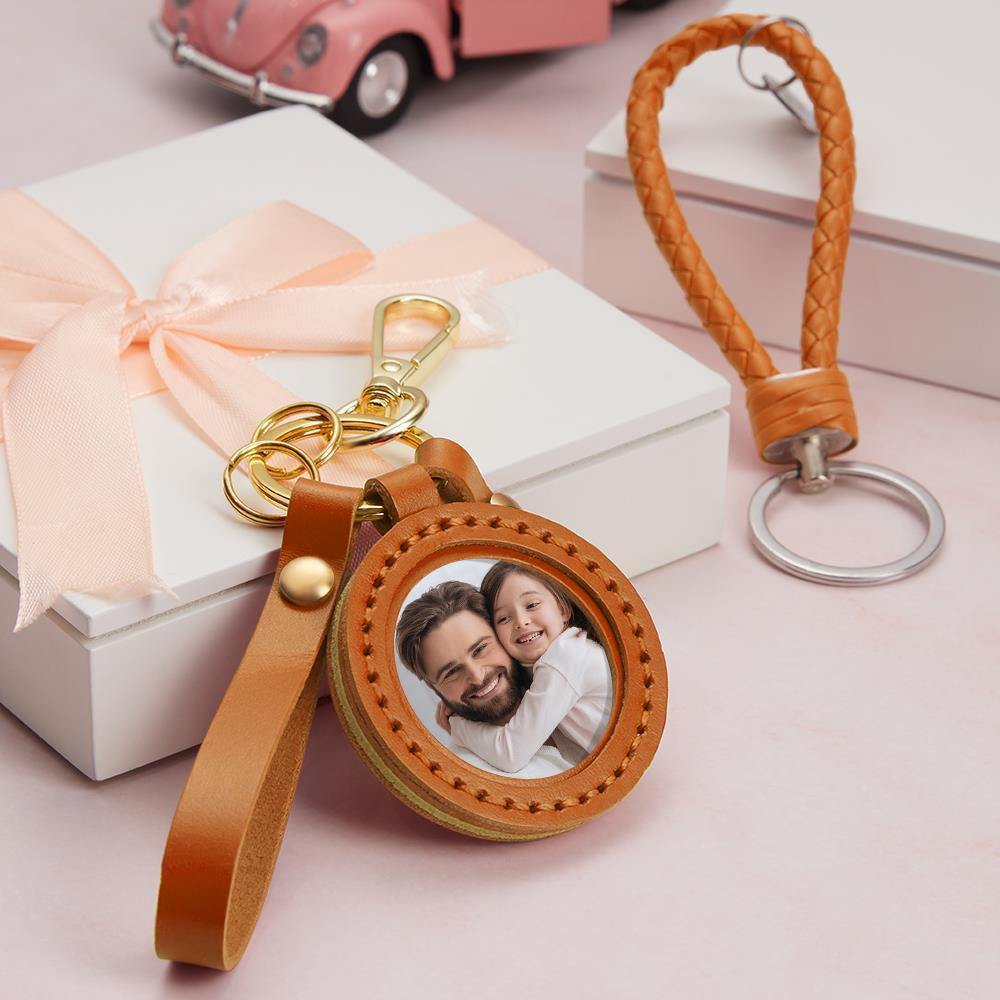 Photo Keychain Colorful Picture Unique Design Father's Gifts with Orange Leather