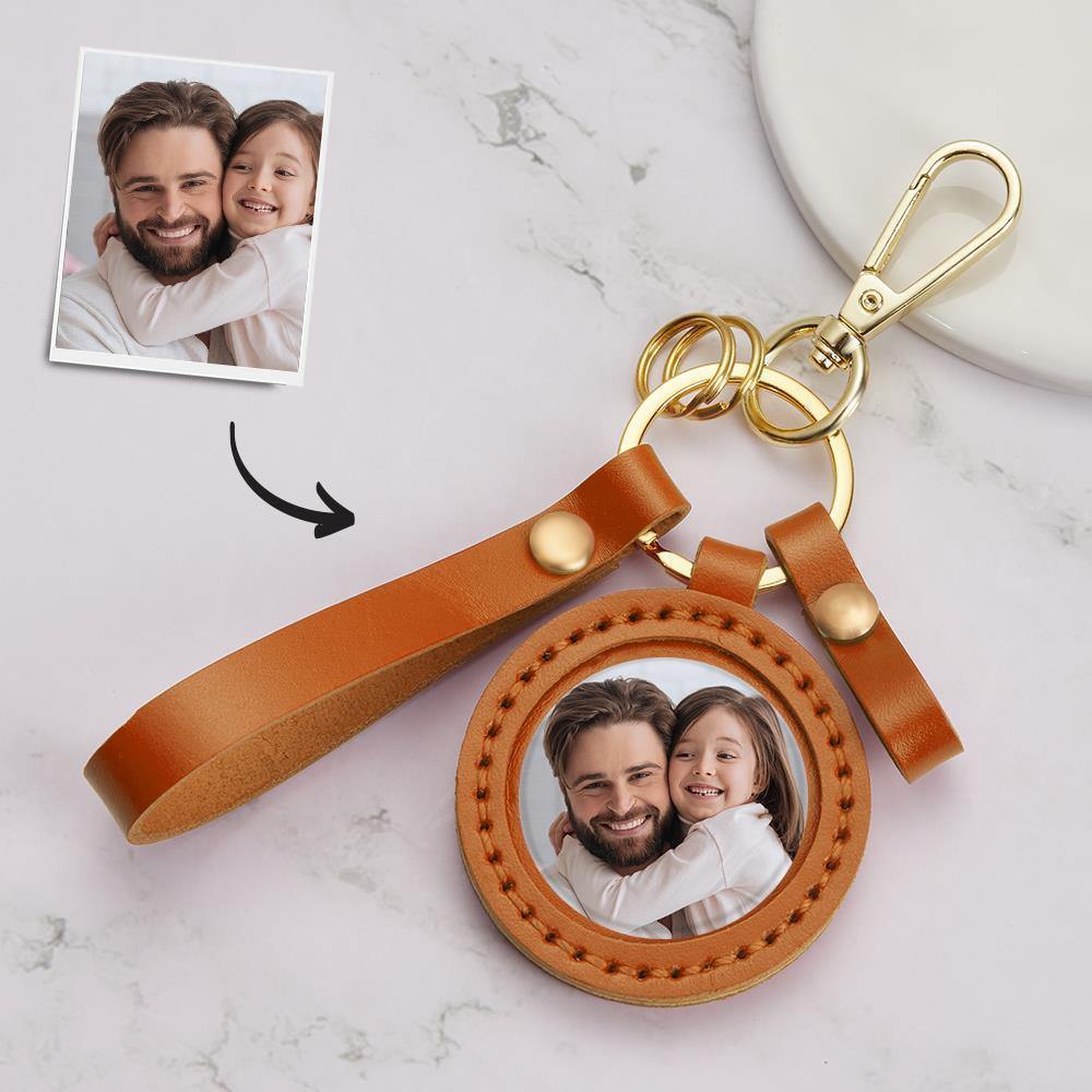 Photo Keychain Colorful Picture Unique Design Father's Gifts with Orange Leather