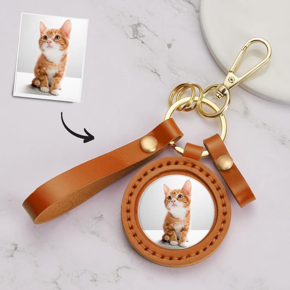 Photo Keychain Colorful Picture Unique Design Cute Pet with Orange Leather