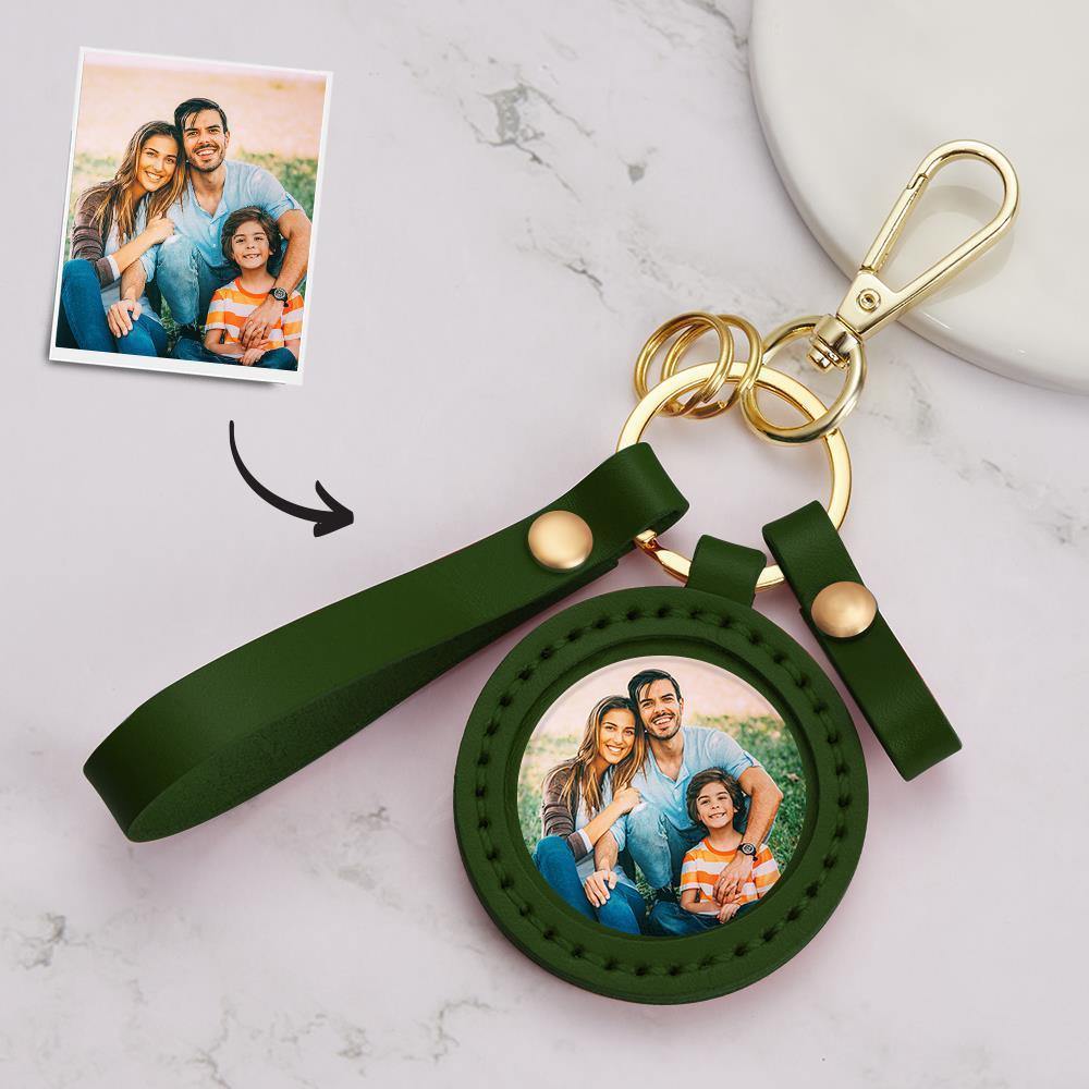 Custom Photo Keychain Colorful Picture Unique Design Family Gifts with Green Leather