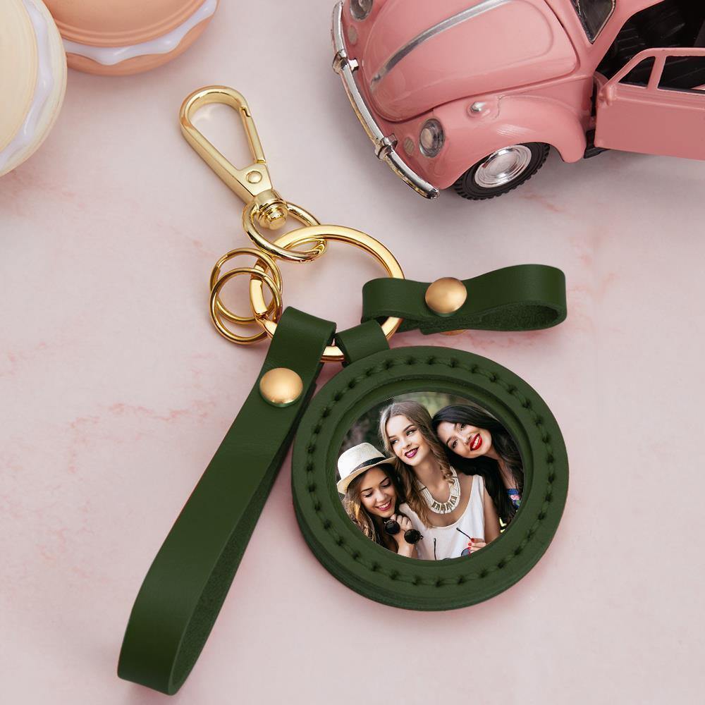 Photo Keychain Colorful Picture Creative Gifts for Best Friends with Green Leather