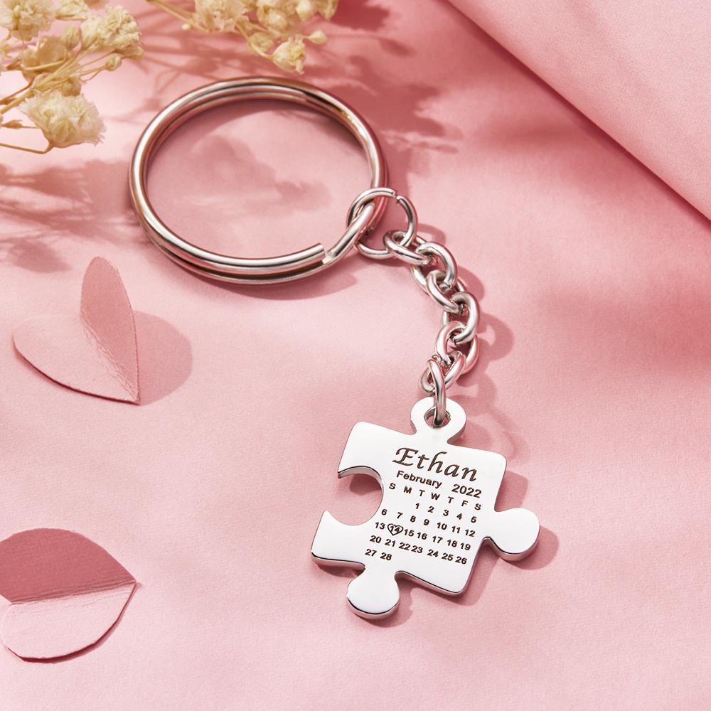 Custom Calendar Keychain Engraved Puzzle Keychain Anniversary Gift for Couple - 