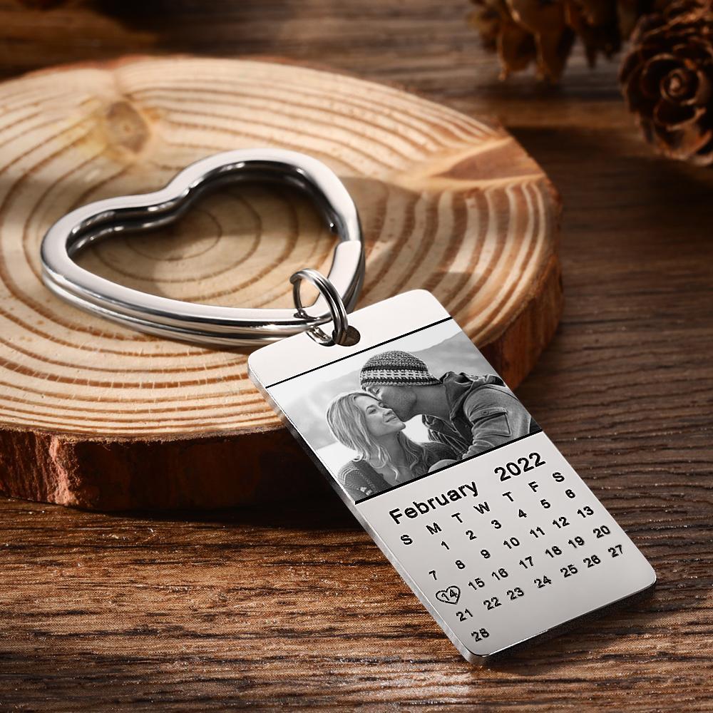 Custom Photo Calendar Keychain with Heart Love Date Stainless Steel Souvenir - 