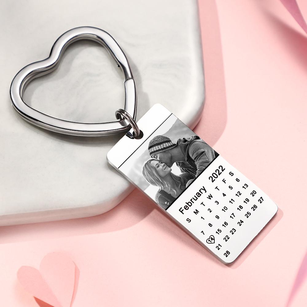 Custom Photo Calendar Keychain with Heart Love Date Stainless Steel Souvenir - 