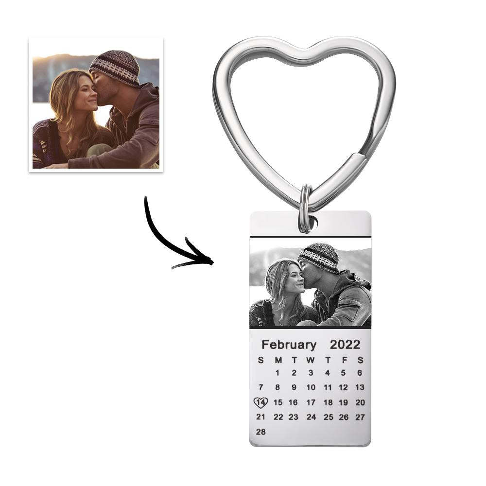 Custom Photo Calendar Keychain with Heart Love Date Stainless Steel Souvenir - 