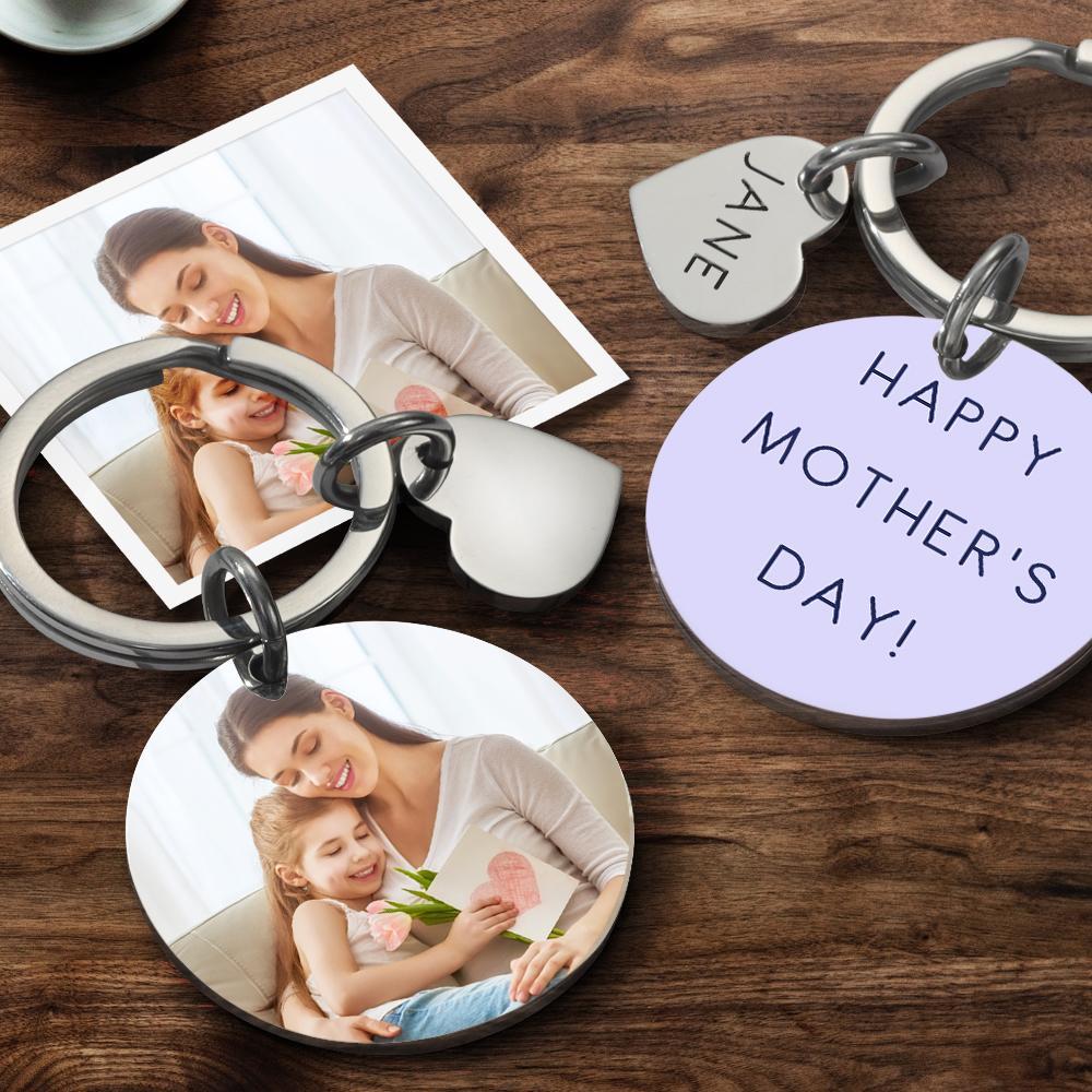 Custom Photo Keychain Engraved Keychain Round Heart Keychain Mother's Day Gift -