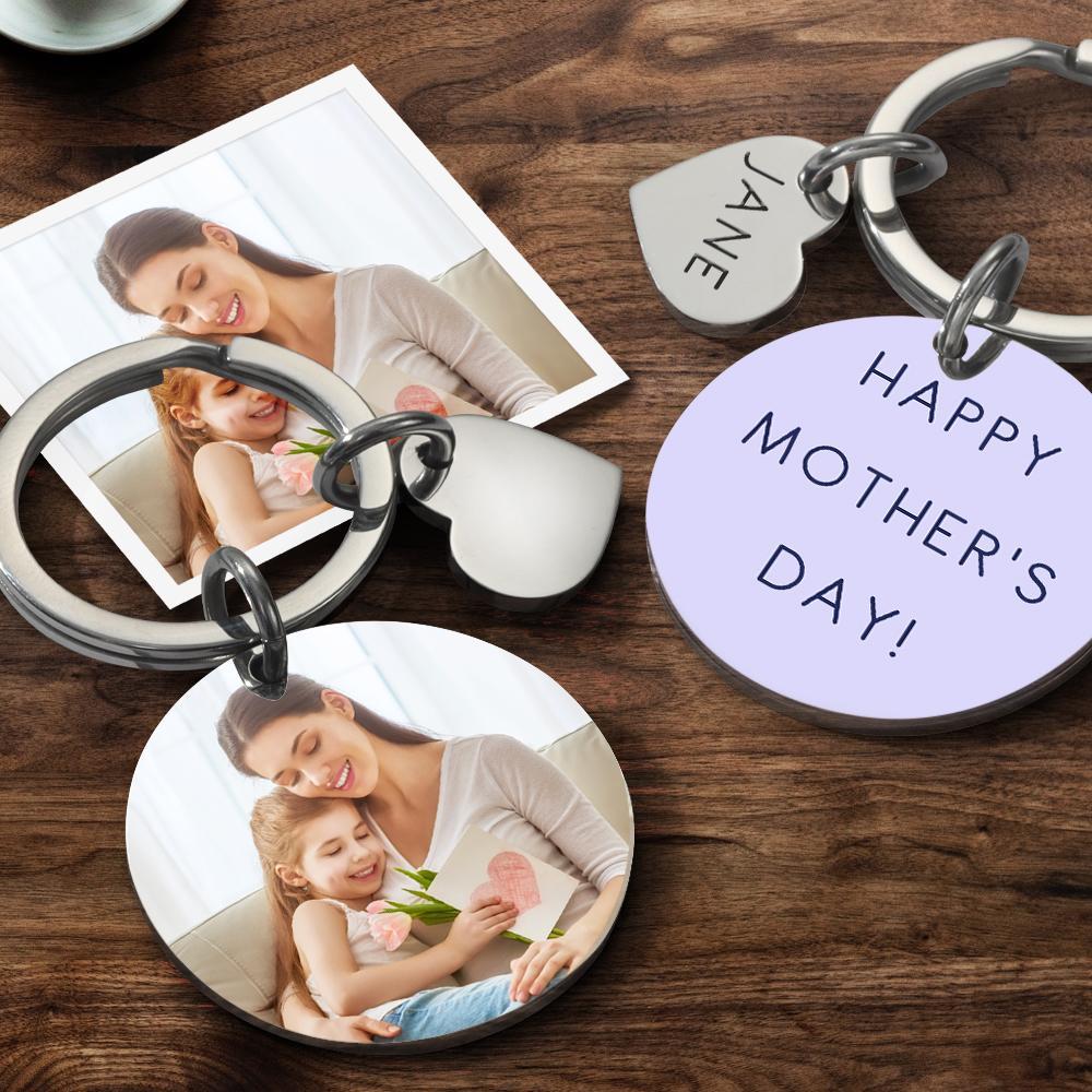 Custom Photo Keychain  Engraved Keychain Round Heart Keychain Mother's Day Gift - 