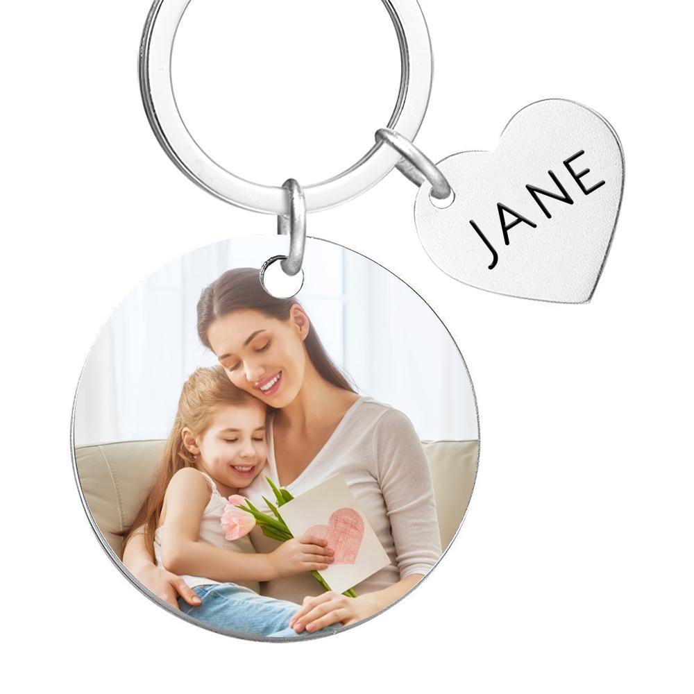 Custom Photo Keychain Engraved Keychain Round Heart Keychain Mother's Day Gift -