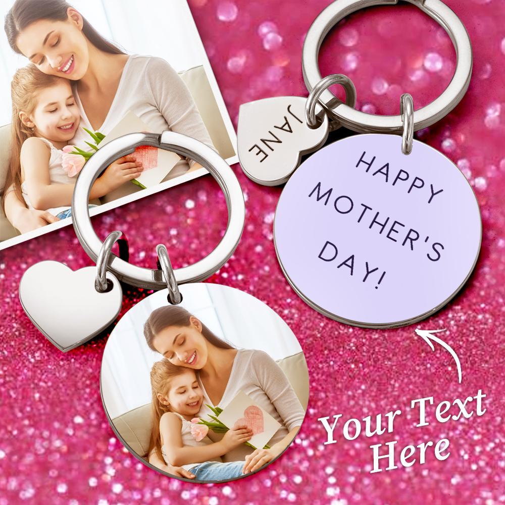 Custom Photo Keychain  Engraved Keychain Round Heart Keychain Mother's Day Gift - 