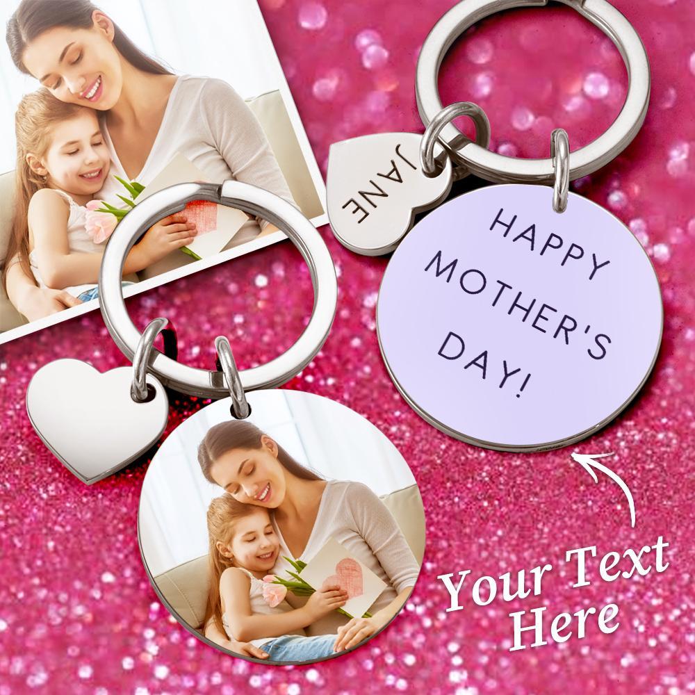 Custom Photo Keychain Engraved Keychain Round Heart Keychain Mother's Day Gift -