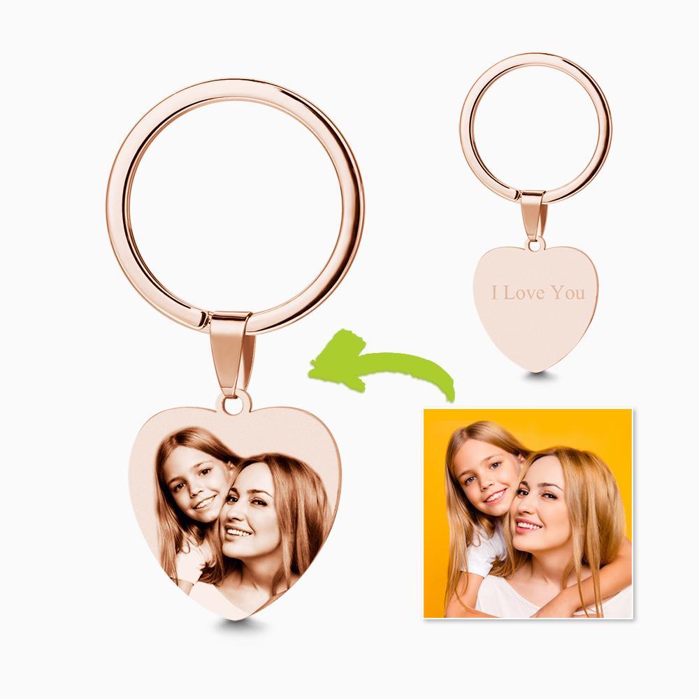 Custom Heart Photo Engraved Keychain Copper Color Mother's Day Gift - 