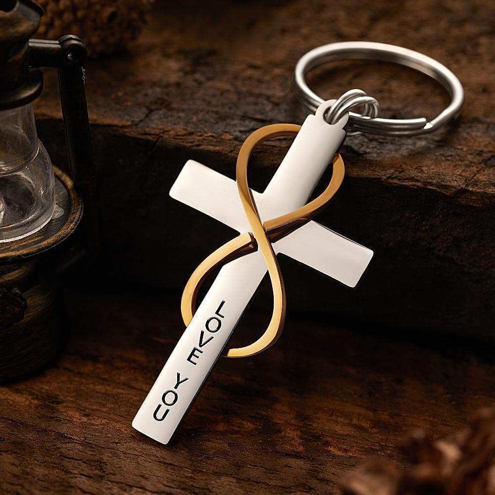 Engraved Keychain Cross Keychain Stainless Steel Gifts for Him Love You - 