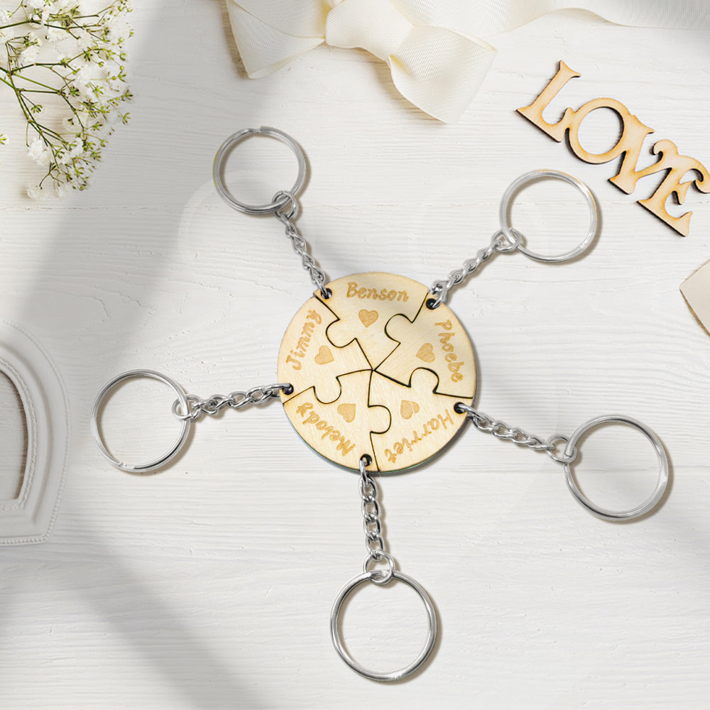 Personalized Puzzle Keychain Set Engraved 5 Pieces Jigsaw Keychain Wooden Key Ring - soufeelmy