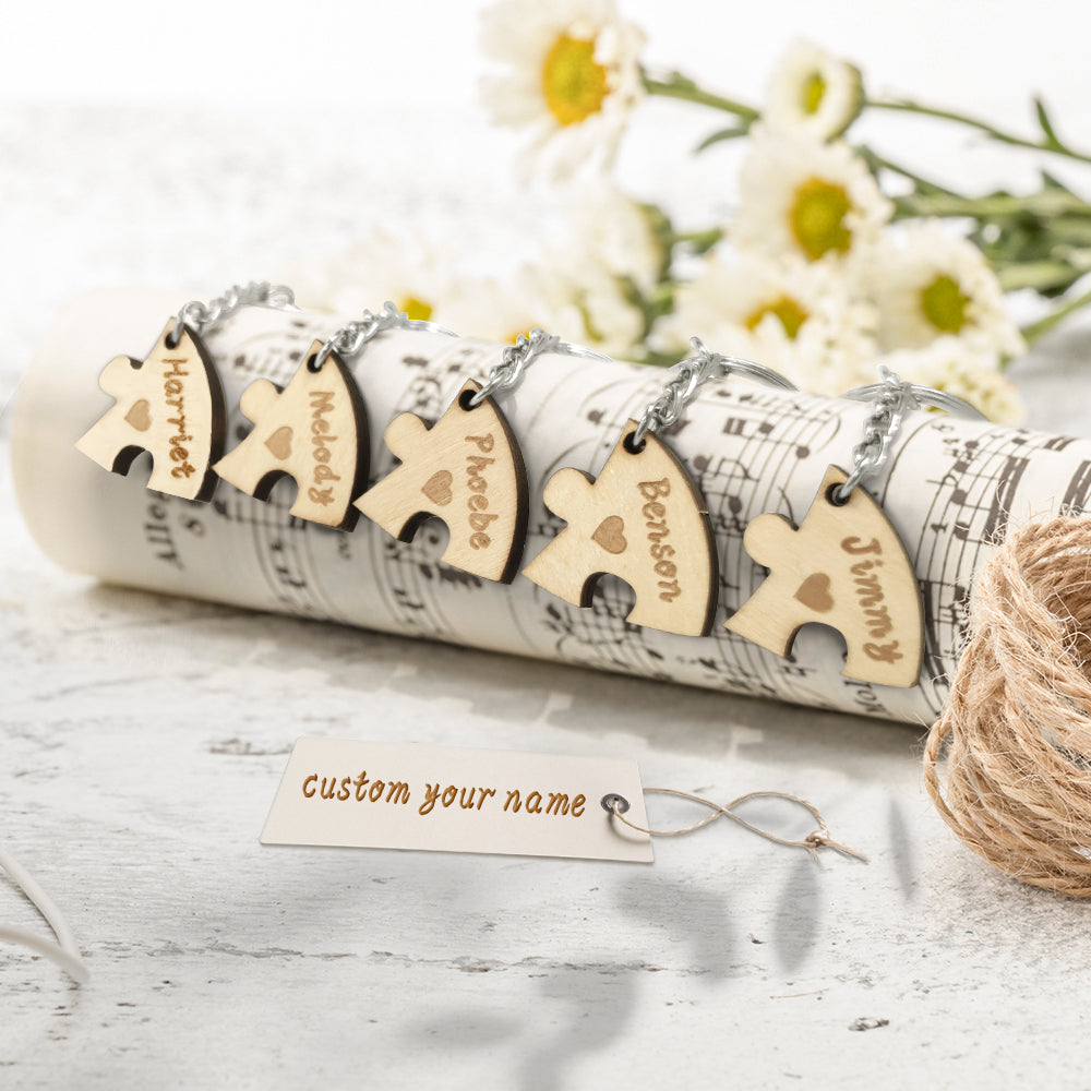 Personalized Puzzle Keychain Set Engraved 5 Pieces Jigsaw Keychain Wooden Key Ring - soufeelmy