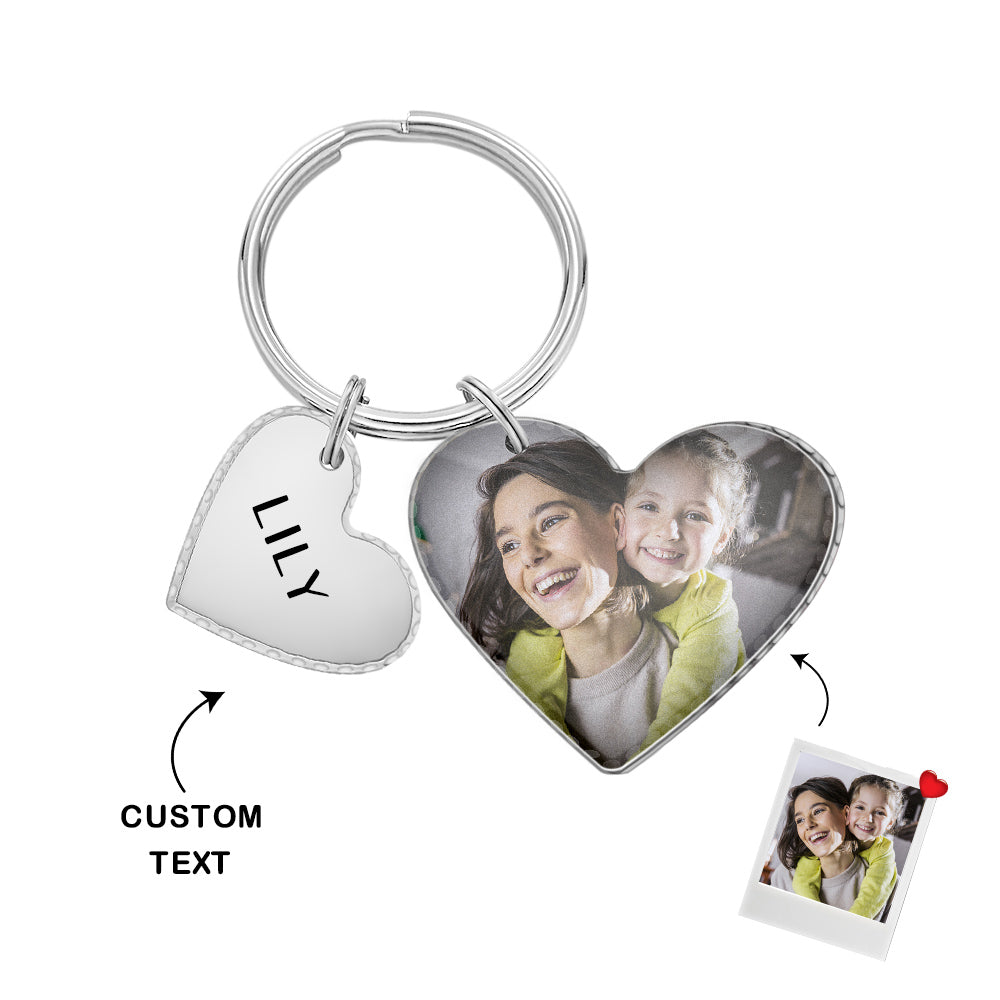 Custom Heart Photo Text Keychain with Small Heart Pendant Mother's Day Gifts - soufeelmy