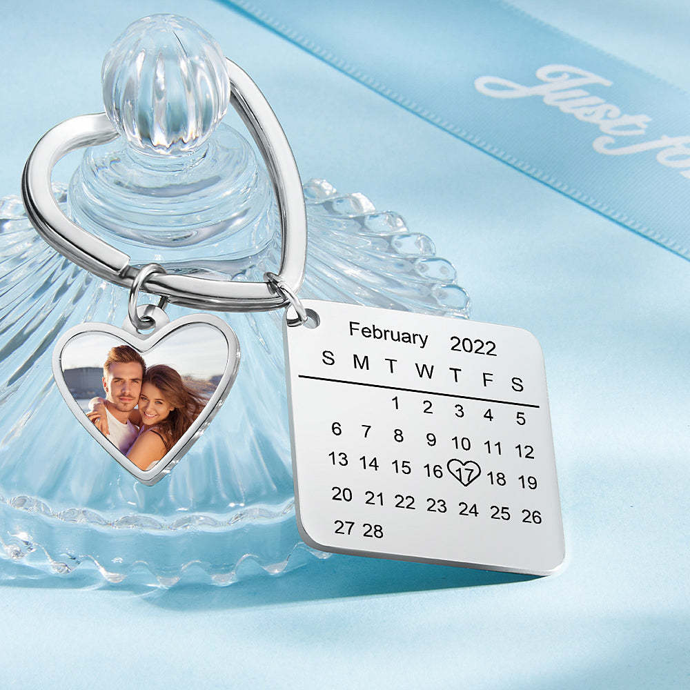 Custom Photo Calendar Keychain Heart Pendant Key Ring Save the Date for Couples - soufeelmy