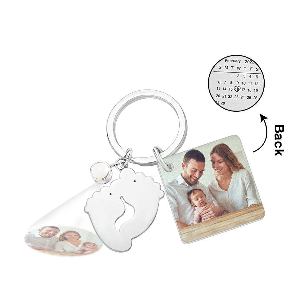 Custom Photo Projection Date Keychain Personalized Calendar Key Ring Newborn Announcement - soufeelmy