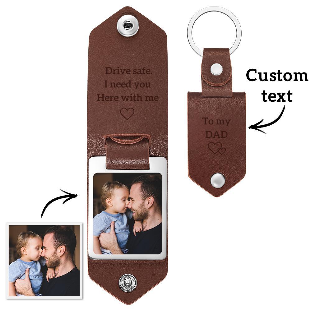 Custom Leather Photo Text Keychain Drive Safe Keychain Anniversary Gift For Dad With Engraved Text - soufeelmy