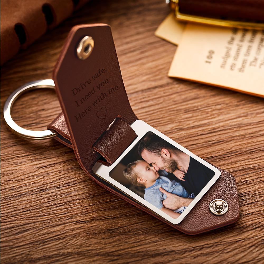 Custom Leather Photo Text Keychain Drive Safe Keychain Anniversary Gift For Dad With Engraved Text - soufeelmy