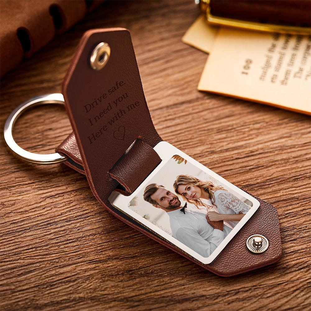 Custom Leather Photo Text Keychain Anniversary Gift For Boyfriend With Engraved Text - soufeelmy