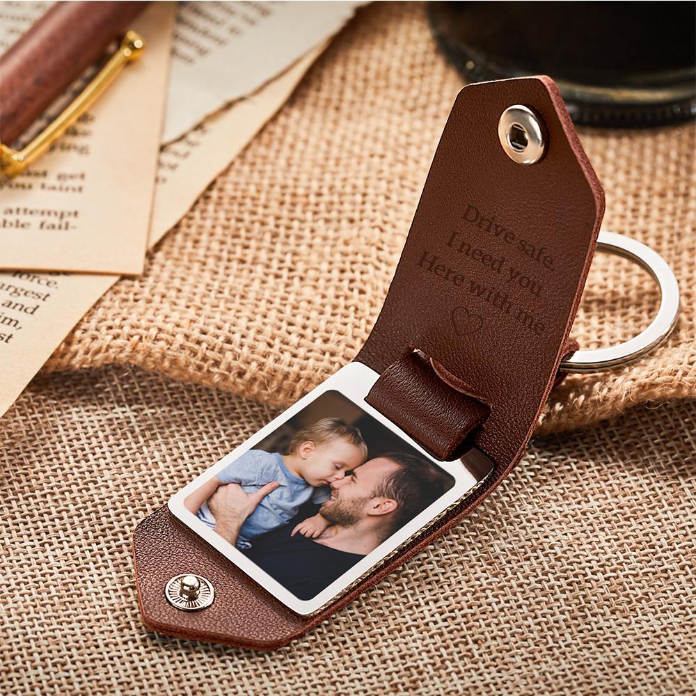 Custom Leather Photo Text Keychain Drive Safe Keychain Anniversary Gift For Dad With Engraved Text - soufeelmy