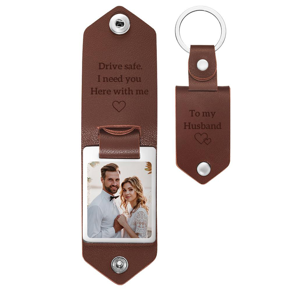 Custom Leather Photo Text Keychain Anniversary Gift For Boyfriend With Engraved Text