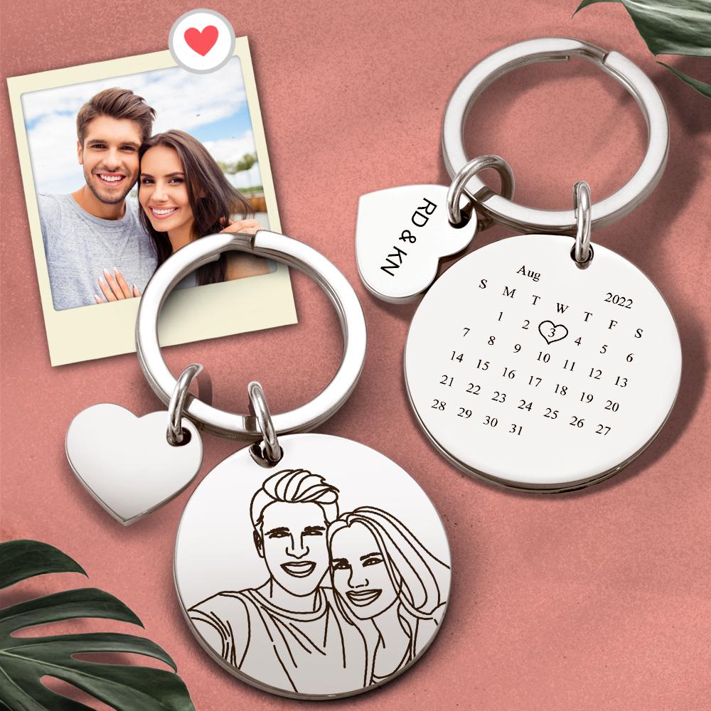 Custom Line Art Photo Engraved Keychain Date Save Keychain Significant Date Marker Custom Anniversary Gifts - soufeelmy